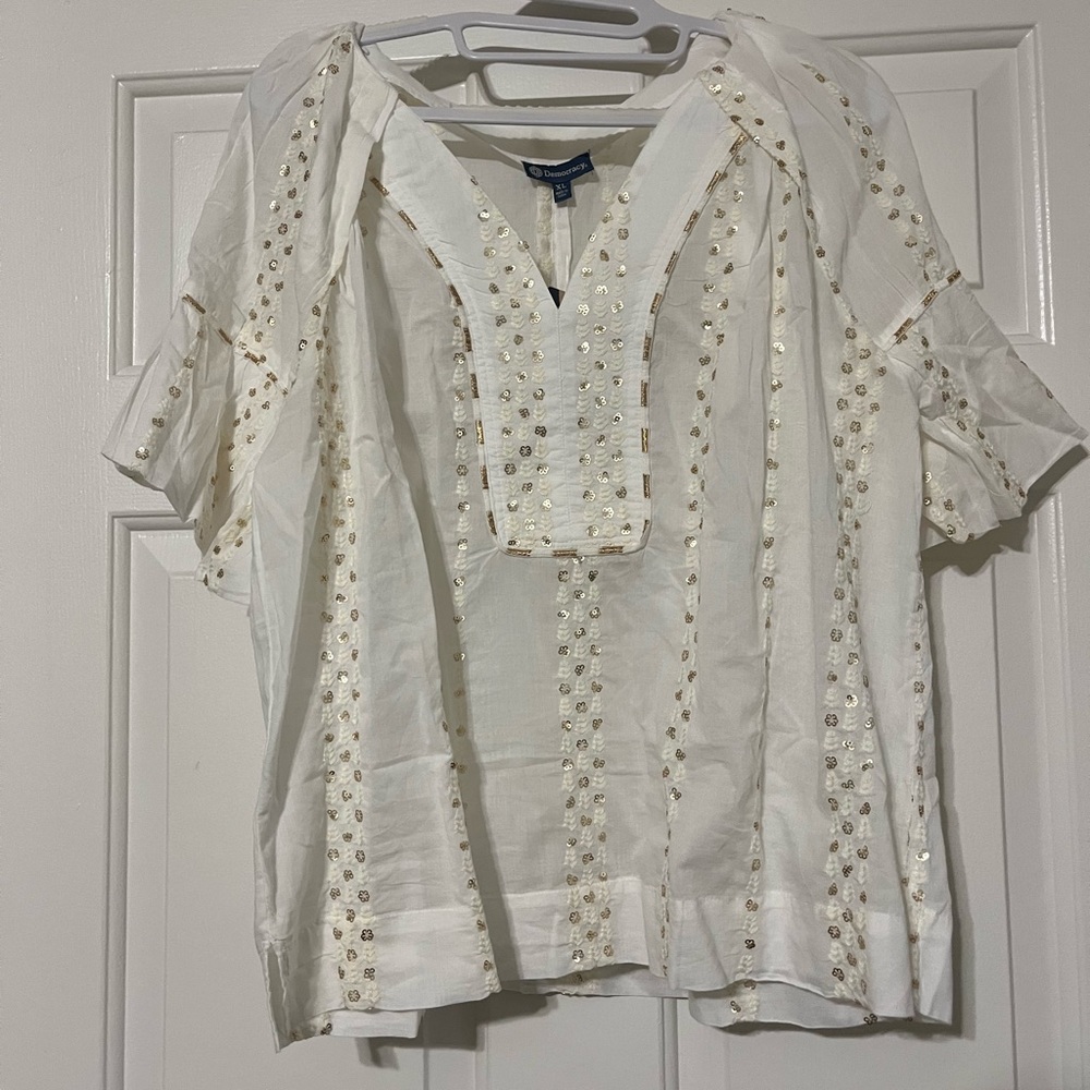 Democracy Embroidered Short Bubble Sleeve Top